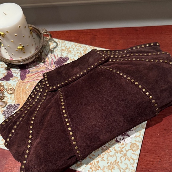 KOOBA DARK BROWN SUEDE CLUTCH WITH ANTIQUE GOLD RIVETS - Picture 3 of 10